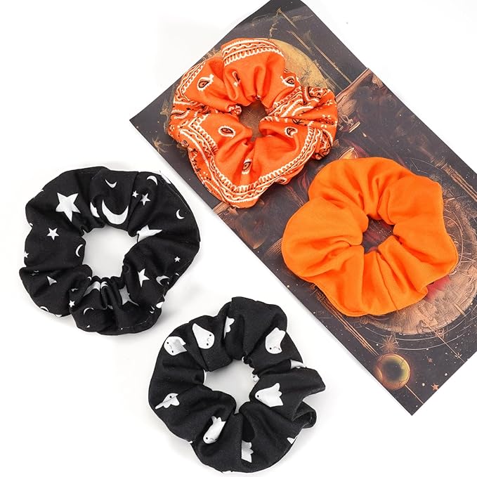 Halloween Hair Scrunchies Cute Ghosts Moon Star Hair Ties Fall Orange Bandana Scrunchy Elastics Hair Bands Gifts Ponytail Holder Hair Accessories for Women Girls
