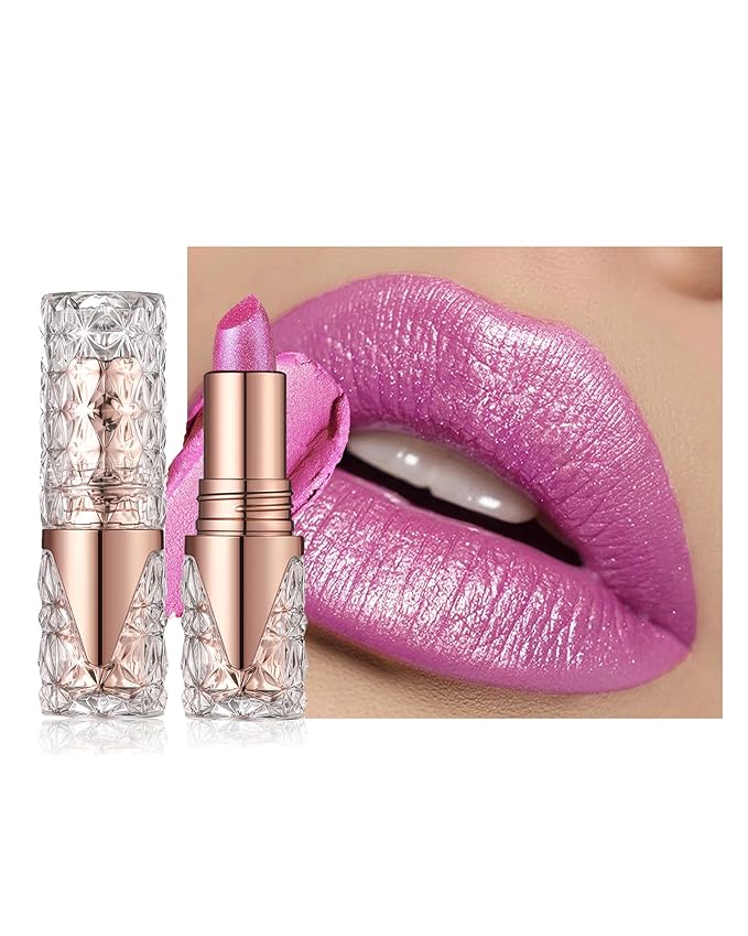Metallic Glitter Pink Lipstick Long Lasting,Diamond Shimmer Liquid Lipstick Transfer Proof Non-Stick Nude Lip Gloss,High Pigmented Lip Color Creamy Lip Stick Makeup for Women-04
