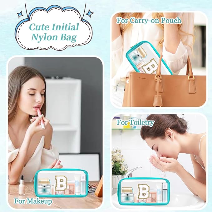 Small Clear Personalized Initial Makeup Bag,Nylon Preppy A-Z Chenille Letter Patch Cosmetic Pouch Beach Toiletry Bag,Waterproof Zipper Travel Purse Storage Bag Organizer for Women Girls(Cyan-White B)