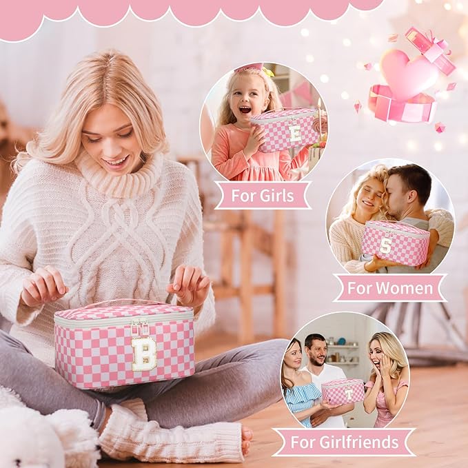 OCHEAL Makeup Bag for Women, Monogram Cosmetic Bag with Brush Holder, Pink Travel Makeup Case Beauty Toiletry Bag Organizer Personalized Gifts for Girls Teens Bridesmaid Sister Wife Friends Initial A