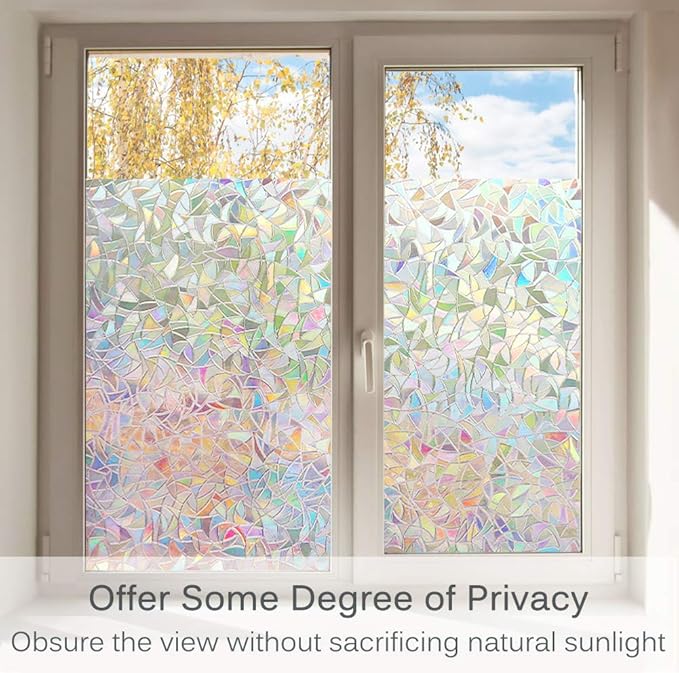 Volcanics Window Privacy Film with Installation Tools, Static Window Clings Vinyl 3D Decals Stickers Rainbow Window Film for Glass Door Home Heat Control Anti UV 23.6 x 157.4 Inches