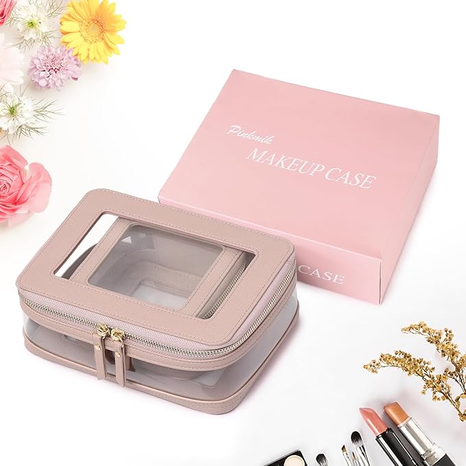 Pinkmik Clear Makeup Bag with Zipper Waterproof Travel Makeup Set for Cosmetics and Toiletries Women's Purse Organizer and Car Essentials (Pink, M+MINI-1)