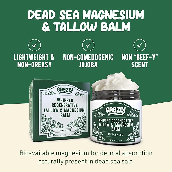 Whipped Beef Tallow for Skin w/Dead Sea Magnesium, Manuka Honey & Jojoba Oil - Grass Fed Beef Tallow Balm - Body & Face Moisturizer for Dry, Sensitive Skin - Unscented - 2.5oz