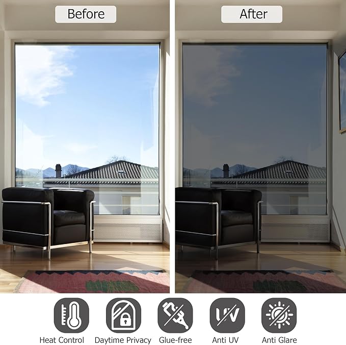 HIDBEA One Way Window Film, Daytime Privacy Sun Blocking Reflective Window Film No Glue Static Cling Heat Control Window Tinting Film for Home and Office, Black Silver, 23.6 x 157.5 Inch