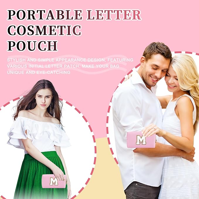 Iqimott Personalized Initial Letter Patch Makeup Bag, Preppy Portable Chenille Letter Cosmetic Bag with Zipper, PU Leather Waterproof Travel Toiletry Bag Monogram Make Up Pouch Girls(Letter M)