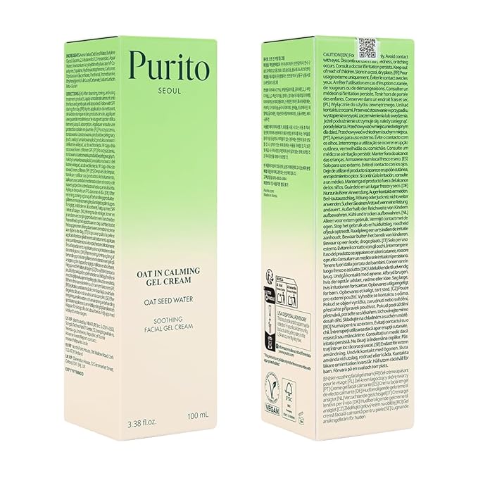 PURITO Oat In Calming Gel Cream, Oat Seed Water Hydration & Soothing, Lightweight, Non-Sticky FA Safe Moisturizer for Sensitive Skin, Non-Comedogenic, Fragrance-Free, Korean Skincare 3.38 fl.oz