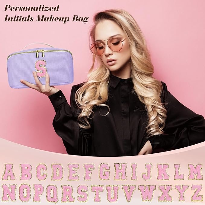 Personalized Initial Makeup Bag,Christmas Gifts for Girl,Preppy Bag Cosmetic Travel Bag Women,Travel Toiletry Organizer,Large Capacity Corduroy Stuff Bag,Cute Cosmetic Pouch Skincare Bag-T