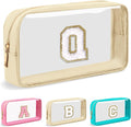Personalized Initial Letter Clear Makeup Bag,Preppy Small Nylon&PVC Cosmetic Zipper Bag with Chenille Letter,Portable Beach Travel Skincare Toiletry Bag,Trendy Monogram Gift for Teen Girls Women,Q