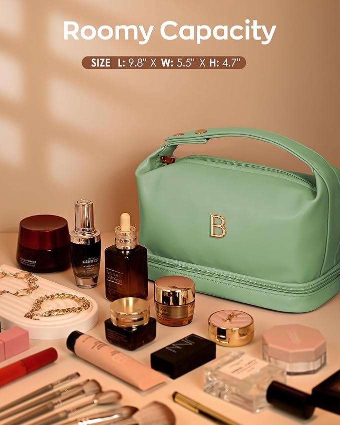 Gifts for Young Women, Personalized Makeup Bag with Handle, Initial Double Layer Cosmetic Bag with Makeup Brush Organizer, Cute Cosmetic Pouch for Women, Gifts for Friends Female Mom