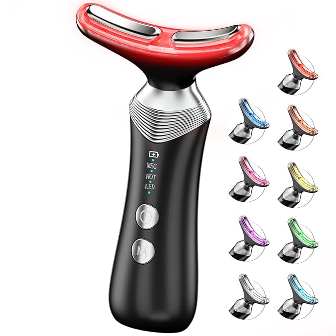 9-in-1 Red-Light-Therapy-for-Face-and-Neck, Portable Facial Massager Tool with Adjustable Vibration & Thermals for Wrinkles, Double Chin, Black
