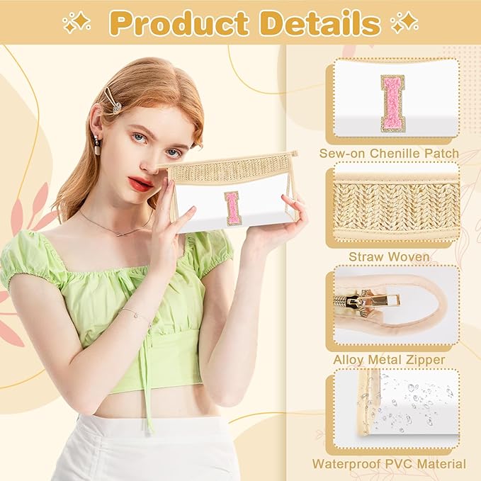 Small Boho Straw Initial Letter Makeup Bag Personalized Gift ,Cute Clear Chenille Patch Makeup Bag With Zipper,Trendy TSA Approved Travel Toiletry Bag,Gift for Women Girls Birthday Friend, Letter I