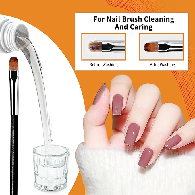 Nail Brush Cleaner & Restorer Nail Brush Clean Solution Quickly Clean Nail Brushes Gel Nail Brush Cleaner Kit with Glass Cup Nail Cleaning pads for DIY Salon at Home 4 Fl.Oz