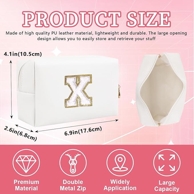 Personalized Initial Letter Patch Makeup Bag, Preppy Portable Chenille Cosmetic Bag with Zipper, PU Leather Waterproof Travel Toiletry Bag Monogram Make Up Pouch for Women Girls