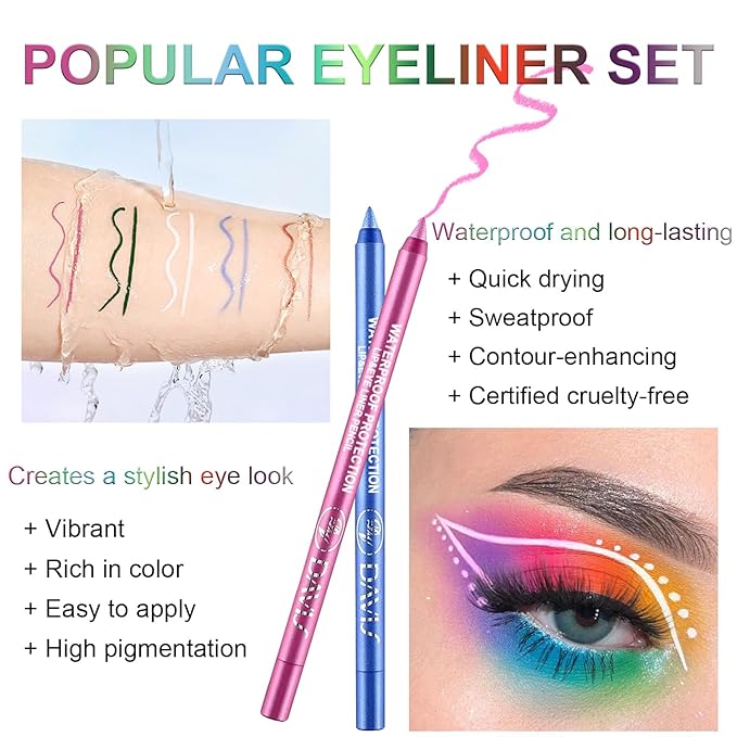 Colorful Eyeliner Pen Set, 15Colors Eye Shadow Pencil, Pearl Eyeliner Kit Metallic Glitter Colored Eye liner for Women Eye&Lip Liner Professional Waterproof Eye Makeup