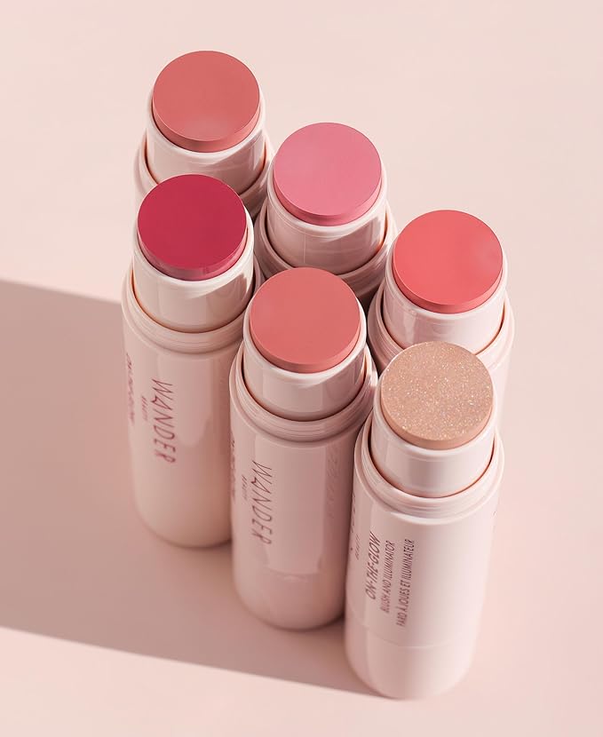 Wander Beauty On-the-Glow Blush and Illuminator - Petal Pink/Nude Glow - 7-in-1 Hydrating Cream Blush & Highlighting Stick - Stick Blush for Cheeks, Lip, & Body - Highlighter Makeup & Blush - 0.4 oz