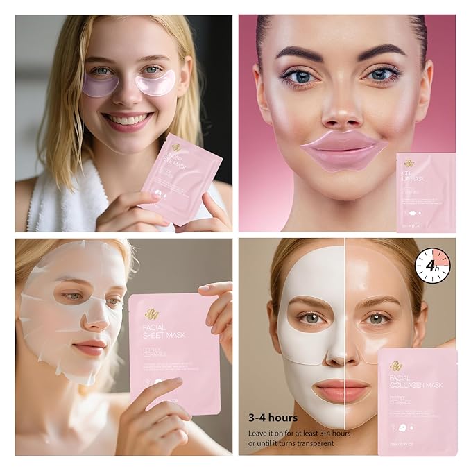 Rose Essential Oil Face Collagen Hydrogel Mask, Face Sheet Mask, 55 Pcs Skin Care Set, Spa Kit for Women, Clay Mask, Under Gel Mask, Gel Lip Mask, Christmas, Valentine's, Birthday, Baby Shower, Mom