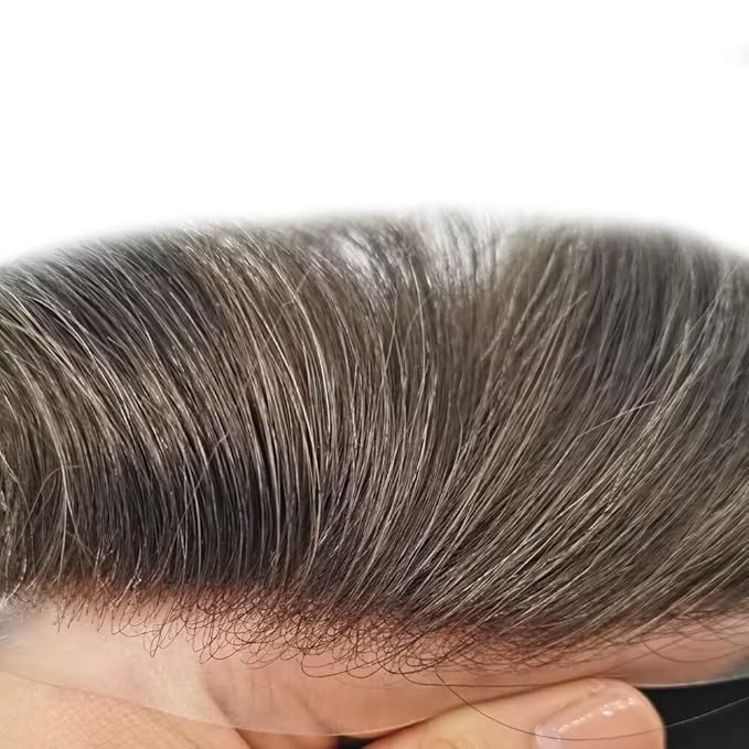 FACE MIRACLE Mens Toupee Lace Front Hairpieces Soft Human Hair Replacement System Natural Hairline Toupee for Men French Lace Poly V-Looped Mens hair Units 7"X9" #210 Darkest Brown with 10% Gray