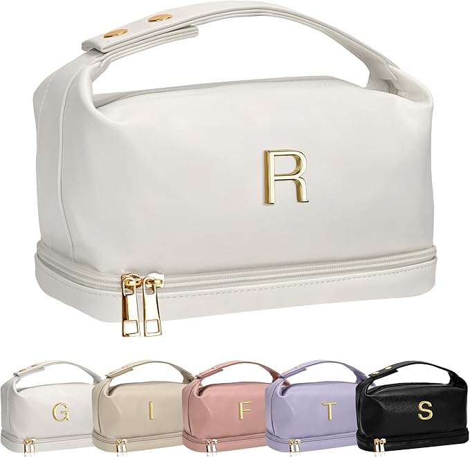 Makeup Bags for Teens Girls, Initial Double Layer Cosmetic Bag with Makeup Brush Organizer, Large Capacity PU Leather Travel Toiletry Bag, Gifts for Friends Female Mom