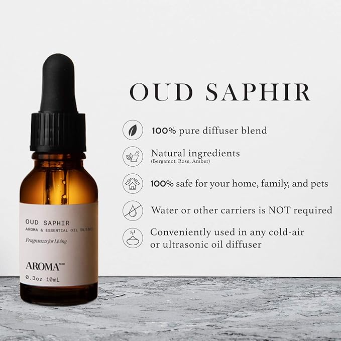 Aromatech Oud Saphir Aroma Essential Oil Blend: Luxury Hotel Inspired Aromatherapy with for Ultrasonic Diffusers & Nebulizers - 0.3 fl oz, 10 mL
