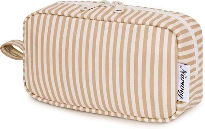 Narwey Small Makeup Bag for Purse Travel Makeup Pouch Mini Cosmetic Bag Zipper Pouch for Women (Brown Stripe, Small)