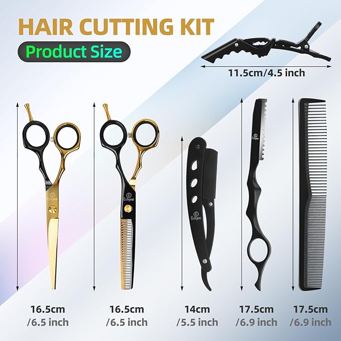 Hair Cutting Scissors Kit - 9 PCS Professional Haircut Scissors Set with Stainless Steel Straight and Thinning Shears for Home, Salon, and Barber Use (Black & Gold)