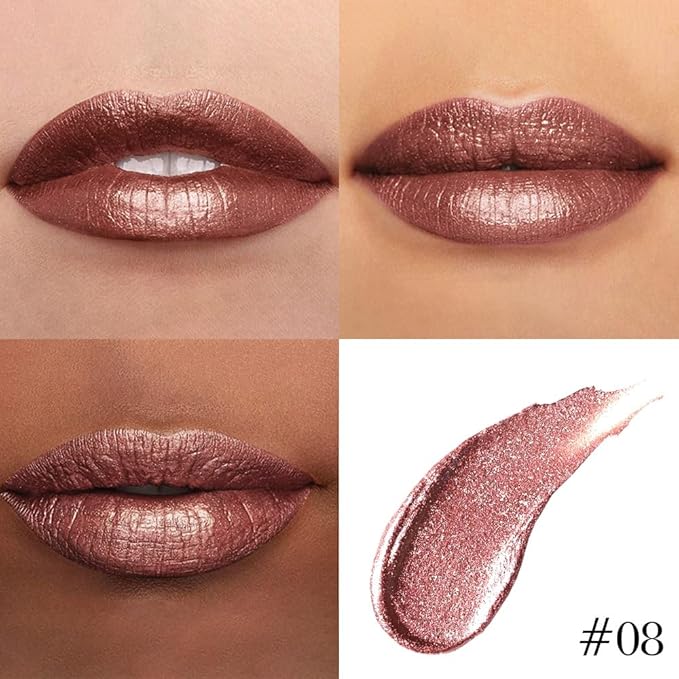 Kaely 2-in-1 Brown Metallic Lipstick and Lip Liner, Shimmer Liquid Metallic Lipsticks for Women, Glitter Lip Gloss Stain Long Lasting Waterproof Smudge Proof 24 Hour, Vegan Makeup, 08