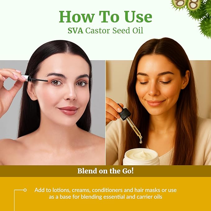SVA Castor Seed Oil - 4 Fl Oz – 100% Natural Cold Pressed Castor Oil - for Face, Skin Care, Hair Care, Scalp Massage & Body Massage – Carrier Oil with Dropper