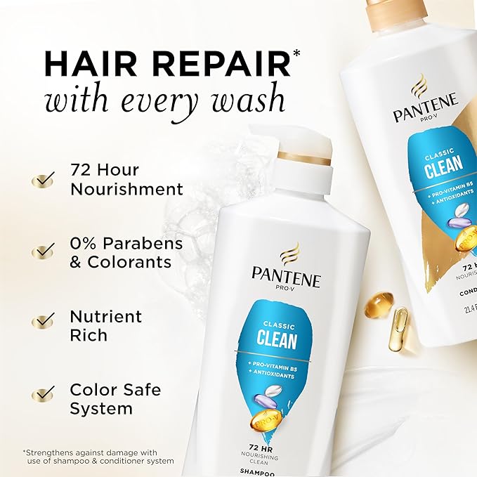 Pantene Shampoo & Conditioner Set, Classic Clean - Pro-V Nutrients for Dry, Color-Treated Hair, Healthy Looking Hair Every Wash, Antioxidant-Rich, 52.8 Oz Total + Miracle Rescue Shot (0.5 Oz)