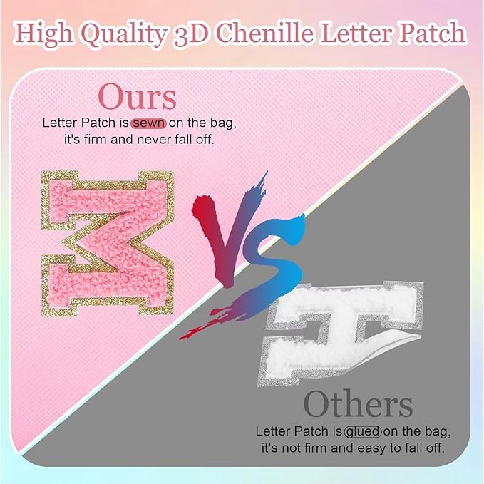 Small Personalized Glitter Initial Letter Makeup Bag, Cute PU Leather Chenille Letters Cosmetic Bag Travel Makeup Pouch, Preppy Travel Organizer Zipper Pouch for Women&Girls（PinkPink-F）