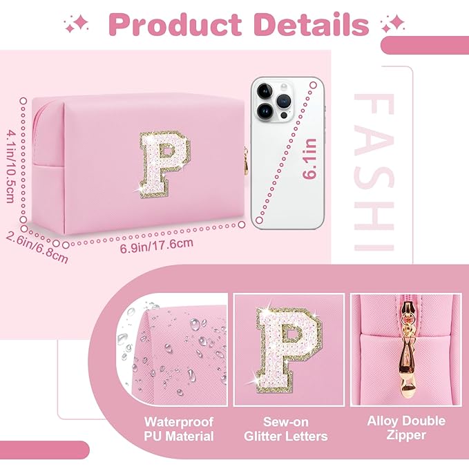 Small Personalized Initial A-Z Patch Makeup Bag,Pink Cute PU Leather Glitter Letter Cosmetic Bag for Teen Girls,Travel Toiletry Bag with Zipper,Preppy Monogrammed Birthday Gift for Daughter Niece P