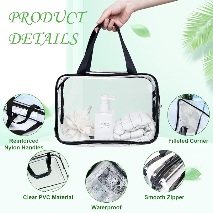 10 Pack Large Clear Makeup Cosmetic Organizer Bag with Handle PVC Plastic Toiletry Pouches with Zipper Transparent Makeup Bag, Plastic Tote Bags for Beach, Traveling