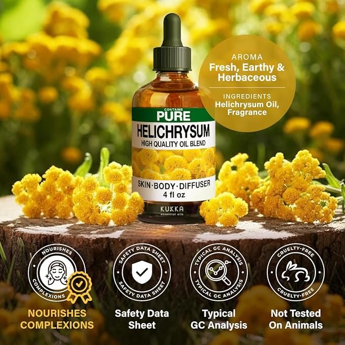 KUKKA Helichrysum Essential Oils - 4 Fl Oz - for Hair, Skin, Diffuser, Aromatherapy & DIY Soap Making Scent