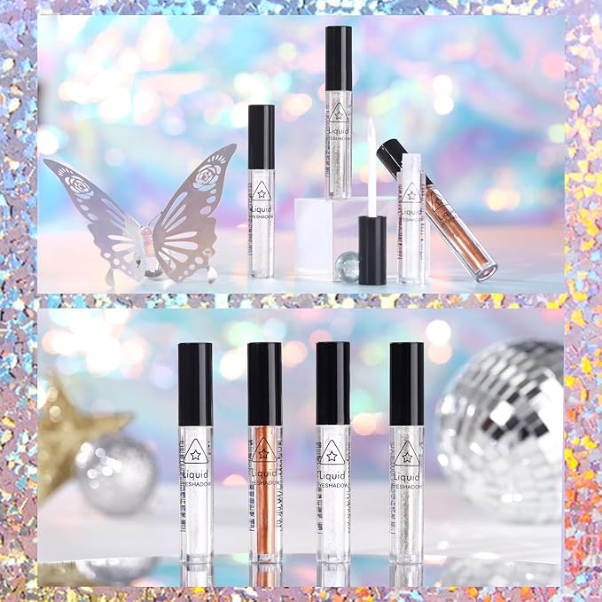 4Pcs Liquid Eyeshadow Eyeliner Kit Set for Korean Makeup, Sparkling Shimmer Metallic Eye Glitter Sequins for Under Eye Tear-Drop Make Up, Quick-Dry Loose Glitter Glue for Crystal Mermaid Looks