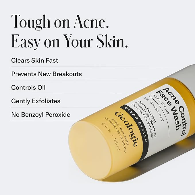 Geologie Acne Control Face Wash | 2% Salicylic Acid Exfoliating Cleanser | Clears Skin, Controls Oil & Prevents Breakouts | Clean Citrus Scent | For Men & Women | 6 fl oz