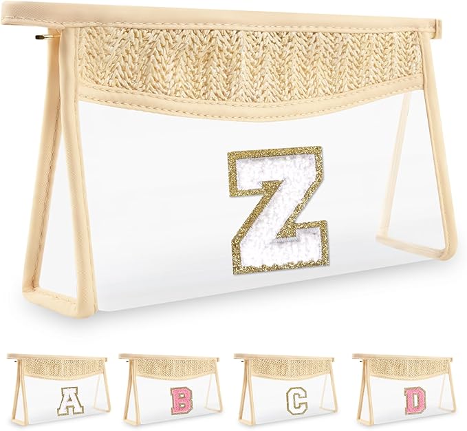Personalized Initial Letter Bag Boho Straw Clear Makeup Bag,Small Cute Chenille Varsity Letter Pouch With Zipper,Beach Travel Toiletry,Portable Monogrammed Cosmetic Bag for Women Girls,Z