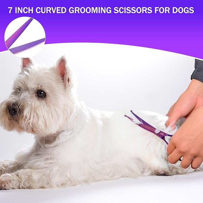 7" Curved Dog Grooming Scissors – Professional 440C Stainless Steel Pet Shears with Safety Round Tips and Sharp Blades for Body Facial Nose Ear and Paw Hair Easy Use