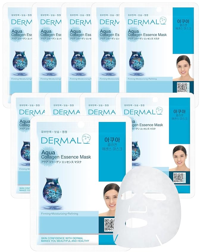 DERMAL Aqua Collagen Essence Full Face Facial Mask Sheet 23g Pak of 10