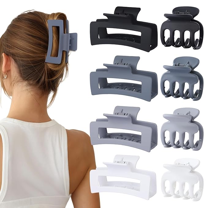 Medium Hair Clips for Women 8 Pcs Small Claw Clips for Thin and Thick Hair 2 Styles Hair Claw Clips Combination Rectangle Banana Jaw Hair Accessories for Women and Girls (Grey)
