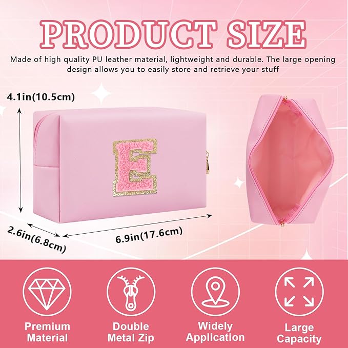 Iqimott Personalized Initial Letter Patch Makeup Bag, Preppy Small Chenille Letter Cosmetic Bag with Zipper, PU Leather Waterproof Travel Toiletry Bag Monogram Make Up Pouch for Women Girls(Letter E)