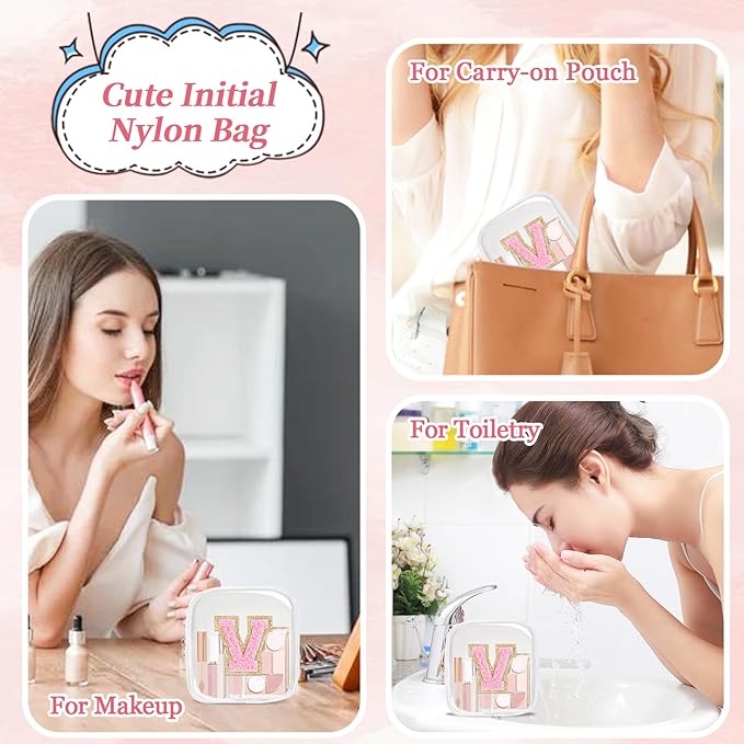 Mini Clear Personalized Initial Makeup Bag,Small Nylon Waterproof Zip Beach Cosmetic Pouch,Preppy A-Z Chenille Letter Patch Cute Coin Purse Travel Toiletry Bag Car Pack Bag for Women(White-Pink V)
