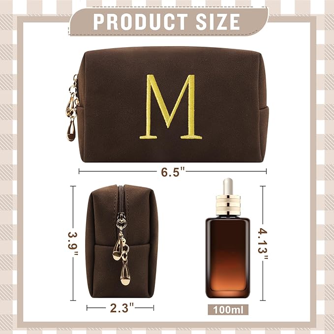 Personalized Initial Makeup Bag,Preppy Suede Cosmetic Bag for Teen Girls,Small Monogram Travel Toiletry Bag With Gold Embroidered Letter,Trendy Stuff Custom Christmas Gift for Women(Coffee-M)