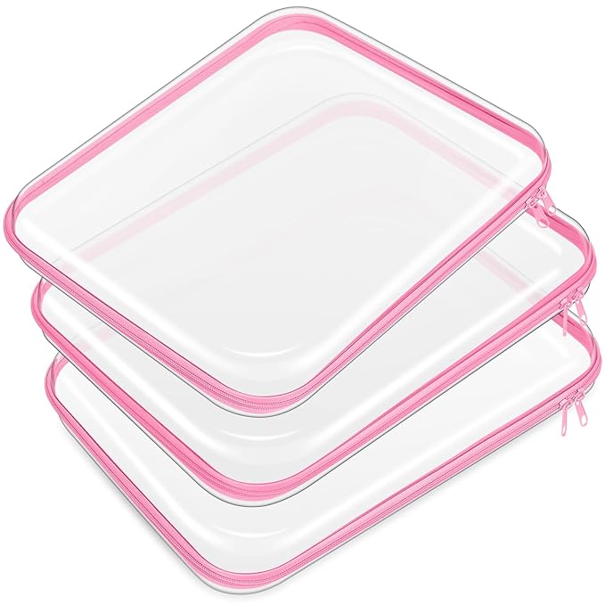 Hoolerry 3 Pcs Clear Hard Zipper Case Plastic Pouch Transparent Hard Case Clear Makeup Bag Portable Travel Organizer Bin for Cosmetics, Building Blocks, Puzzles(Pink,L)