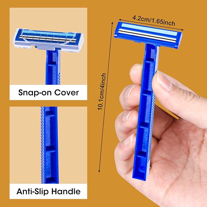 CXYARY 50 Pcs Disposable Razors With Lubricating Strip, 2 Blade Razors with Clear Safety Cap, Disposable Razors Bulk for Men Women, Multipurpose Portable Shave Razor for Bathing Hotel Travel, Blue