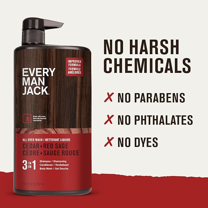 Every Man Jack Cedar + Red Sage Hydrating Mens 3-in-1 All Over Wash for All Skin and Hair Types - Body Wash, Shampoo and Conditioner with Naturally Derived Ingredients - 28.8oz (2 Pack)