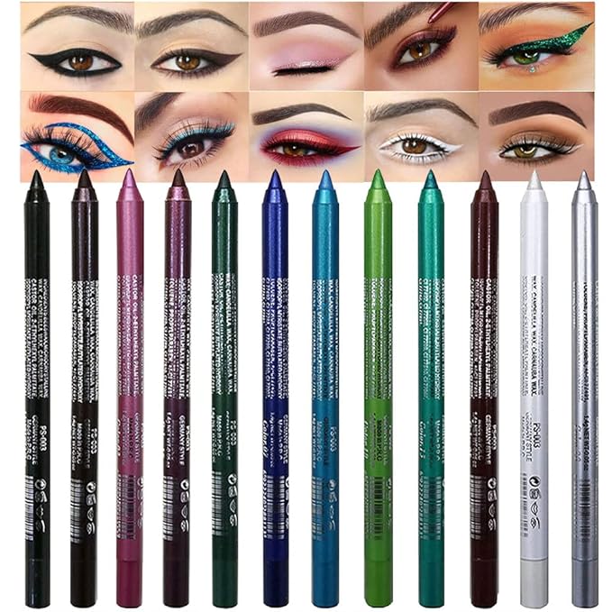 evpct 12Pcs Green Blue White Black Brown Purple Color Gel Glitter Eyeliner Pencils Set for Women Waterline Waterproof Smudge Proof lapiz de ojos delineador de ojos contra el agua Eye Liner Makeup 1-5