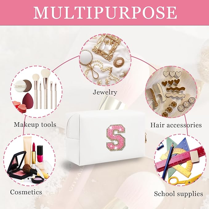 Personalized Initial Letter Makeup Bag, Small Glitter Letter Patch Cosmetic Pouch Zipper, Preppy Makeup Organizer PU Waterproof Travel Toiletry Bag,Monogrammed Birthday Gift for Women Girls(Letter S)