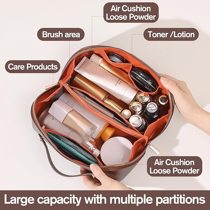 Makeup Bag, Travel Toiletry Bag for Women, Large Capacity Waterproof Plain Pattern PU Leather Cosmetic Bags Make Up Organizer Bags with Headband and Wristband Set (Light Brown)