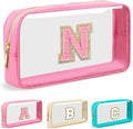 Personalized Initial Letter Clear Makeup Bag,Preppy Small Nylon&PVC Cosmetic Zipper Bag with Chenille Letter,Portable Beach Travel Skincare Toiletry Bag,Trendy Monogram Gift for Teen Girls Women,N