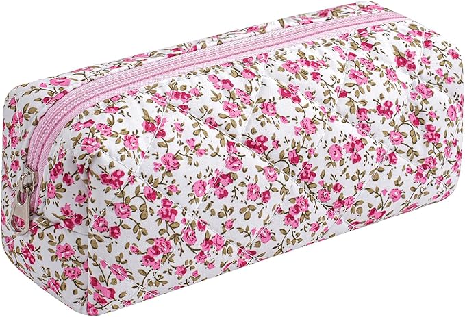 Cute Floral Cotton Makeup Brush Cosmetic Bag for Women, Travel Quilted Zipper Make Up Bag, Flowers Toiletry Organizer Case Kawaii Makeup Cosmetic Travel Cloth Pouch (Red Floral)