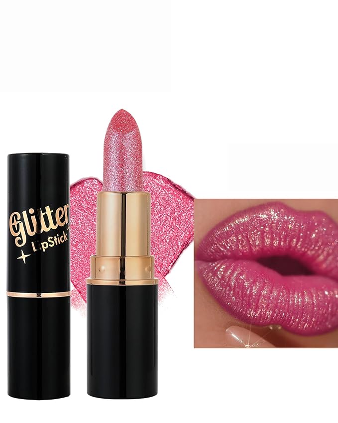 Rose Pink Metallic Glitter Lipstick Long Lasting,Diamond Nude Shimmer Lip Gloss High Pigment Lip Red Color Matte Lip Stick for Women,Sparkling Shiny Transfer Proof Non Stick Tinted Lip Balm Makeup-03